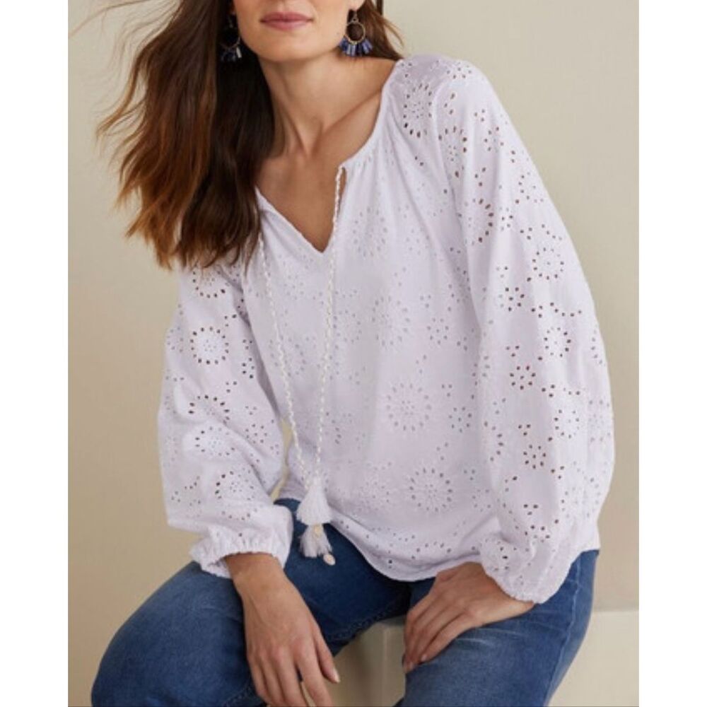 Soft Surroundings $89 Rhiannon Eyelet Peasant Top White PXL NWOT - Picture 5 of 8